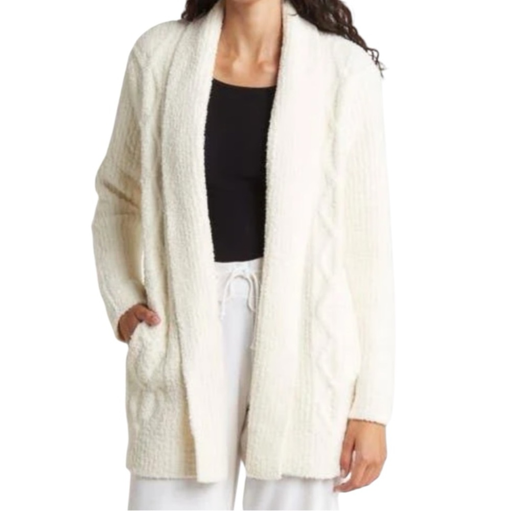 Barefoot Dreams Cozy Chic Cable shawl collar Cabin Cardigan cream Medium M NEW